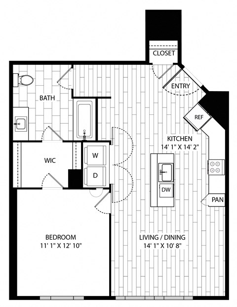 Floor plan for 1 bed, 1 bath, 785 sqft